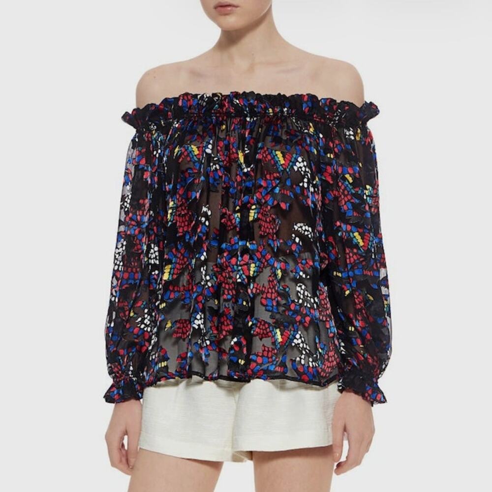 Saloni Printed Sheer Silk Blend Off Shoulder Long Sleeve Top Size 2